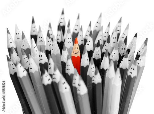 Canvas Print One bright color smiling pencil among bunch of gray sad pencils