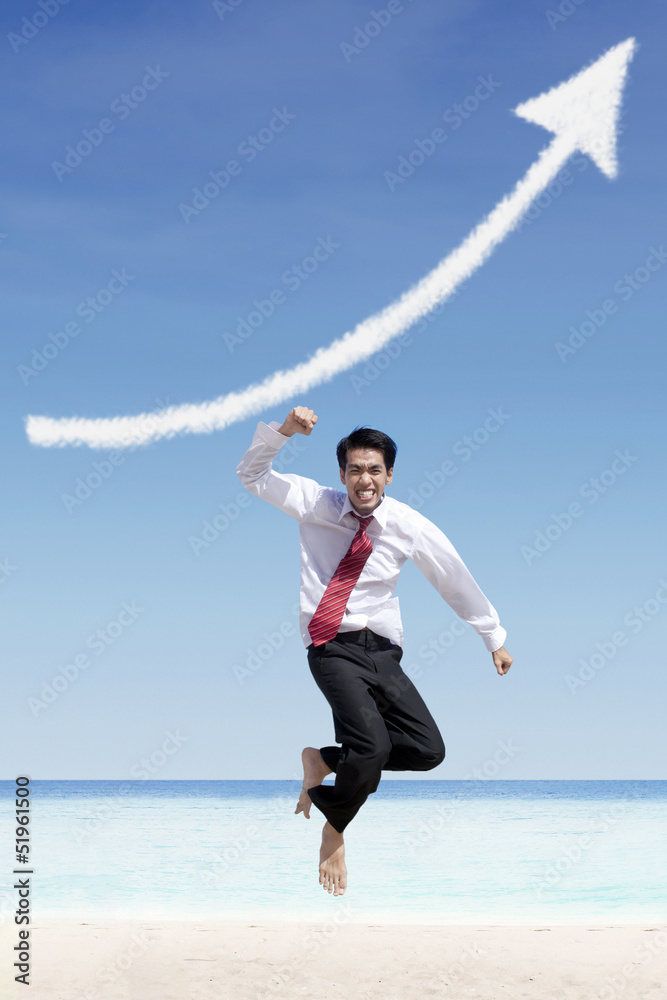 Successful businessman and increase arrow sign cloud at beach Successful businessman and increase arrow sign cloud at beach