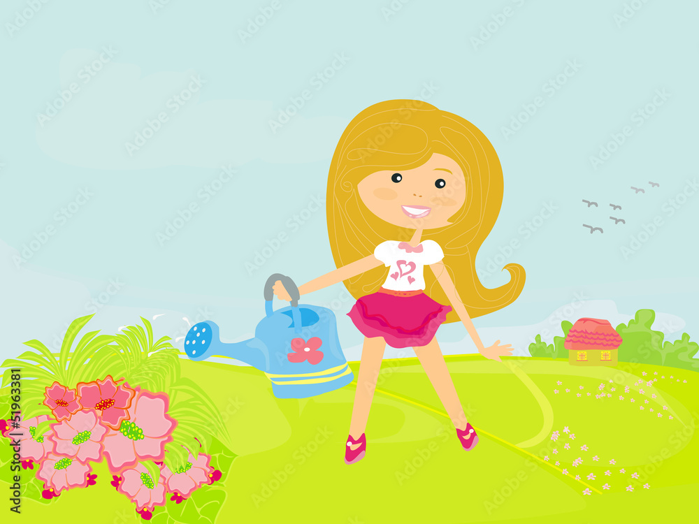Little girl watering the flowers in the family garden at a summe Little girl watering the flowers in the family garden at a summe