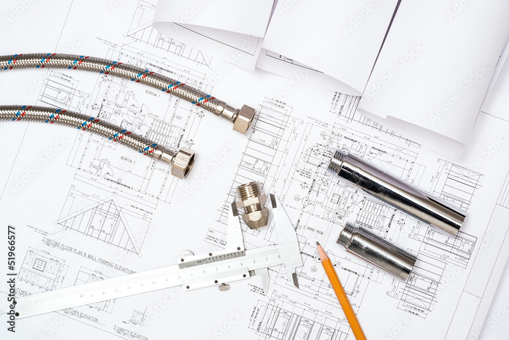 plumbing and drawings, construction still life plumbing and drawings, construction still life