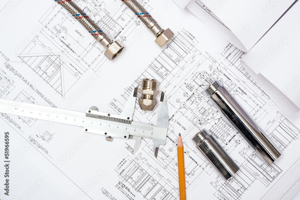 plumbing and drawings, construction still life plumbing and drawings, construction still life
