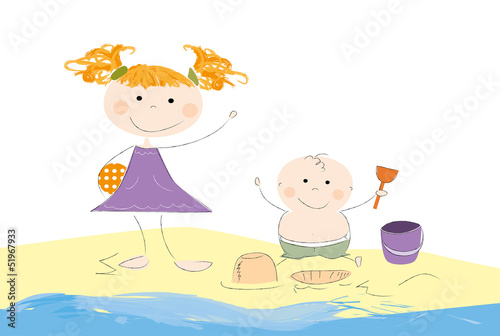 Uśmiechnięte dzieci na plaży z piłką, łopatką i wiaderkiem