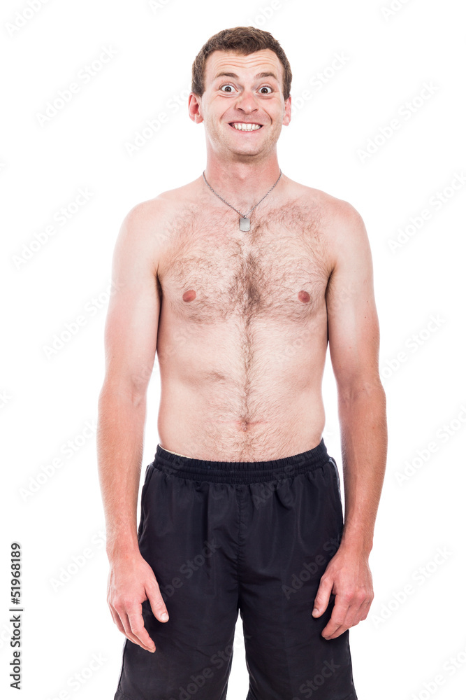 Shirtless man with toothy smile