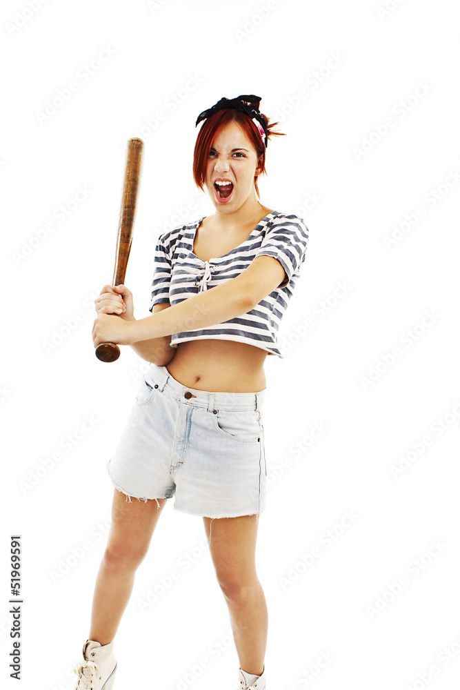 Young girl with a bat on white background Young girl with a bat on white background