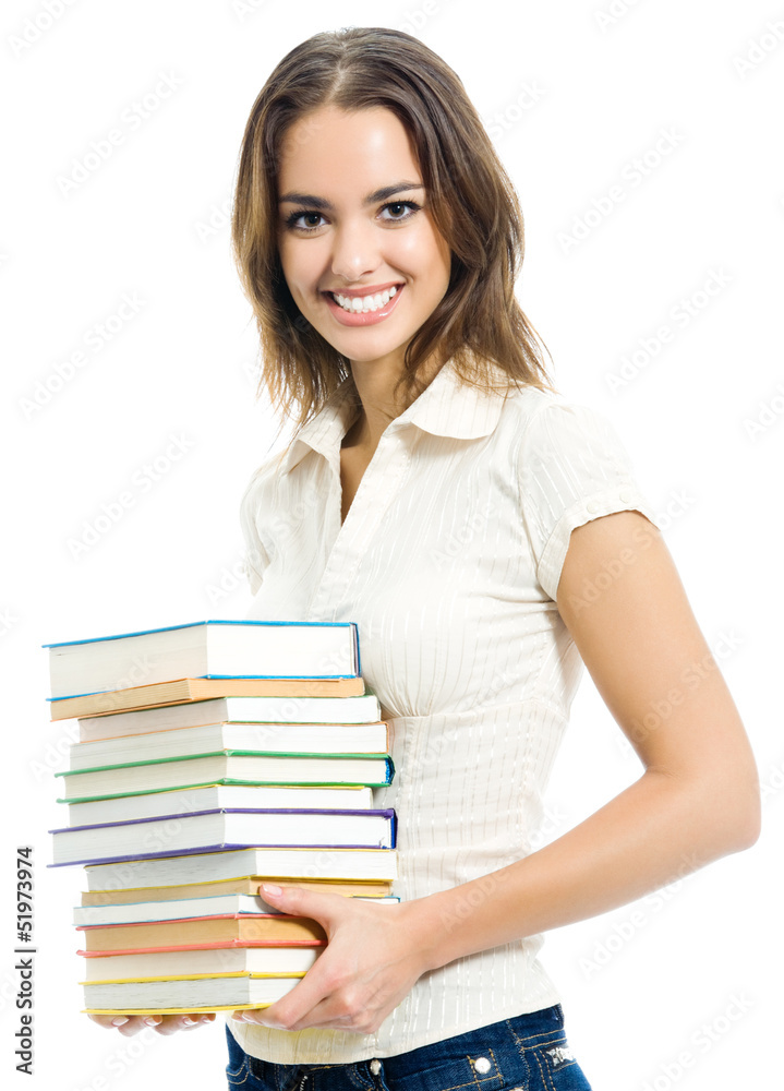 Young smiling woman with textbooks, isolated Young smiling woman with textbooks, isolated