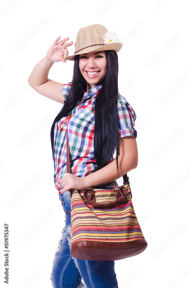 Young woman ready for summer vacation on white Young woman ready for summer vacation on white