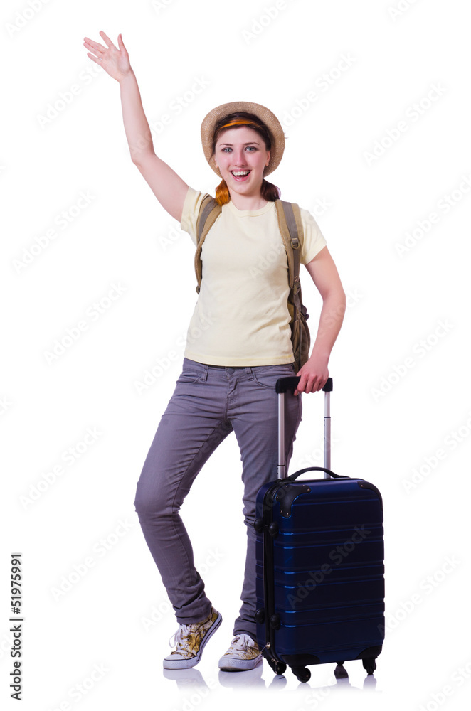 Young woman ready for summer vacation on white Young woman ready for summer vacation on white