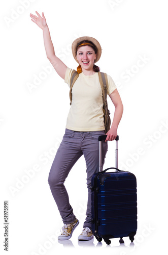 Young woman ready for summer vacation on white