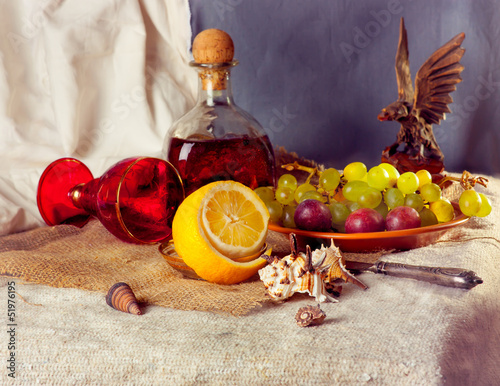 Still Life with Grapes and liqueur