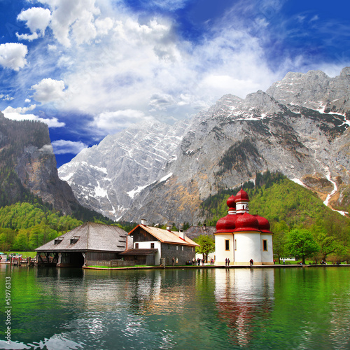 beautiful Alpen scenery -crystal lake Konigsee  with small chuch