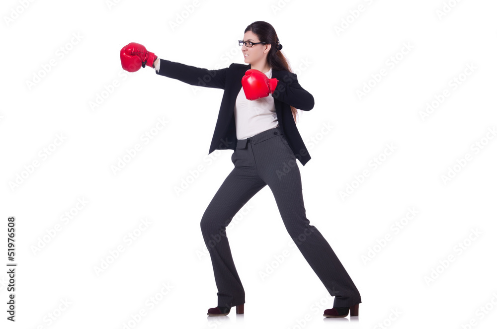 Businesswoman in boxing concept on white Businesswoman in boxing concept on white