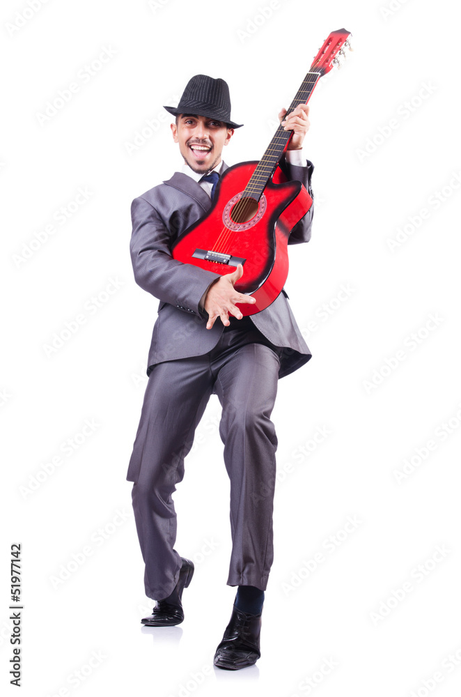 Businessman quitar player isolated on white Businessman quitar player isolated on white