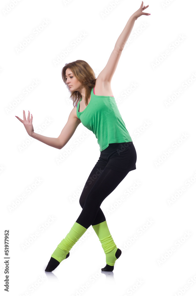 Young gymnast exercising on white Young gymnast exercising on white
