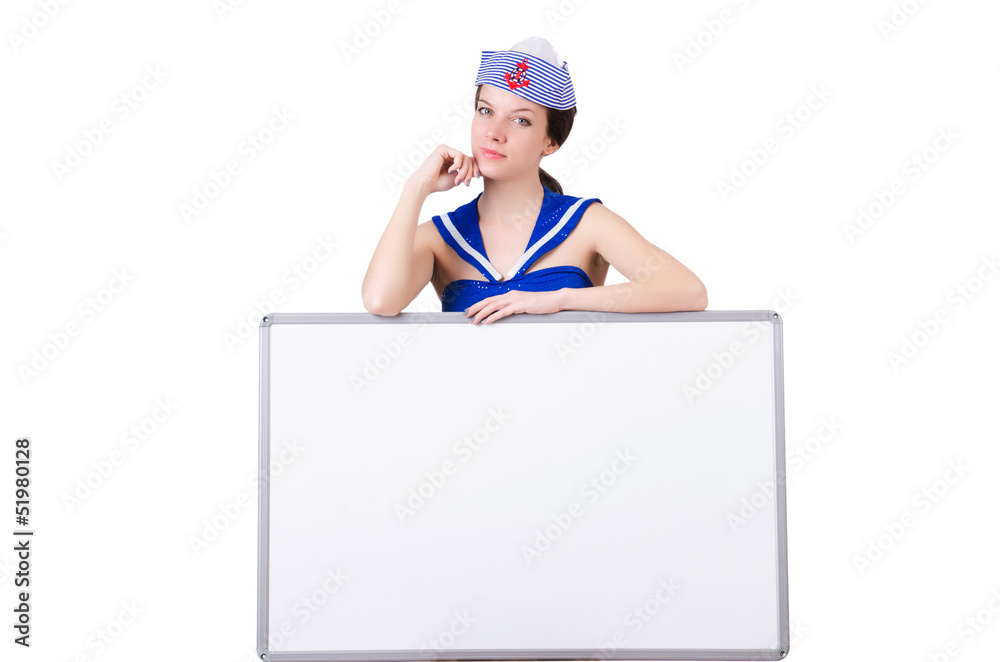Stewardess with blank board on white Stewardess with blank board on white