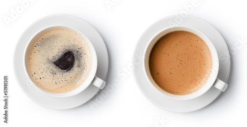 two cups of coffee isolated on white, top view