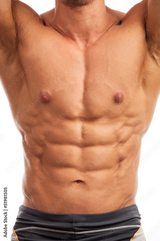 Torso of bodybuilder over white