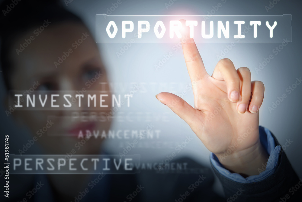 Business woman touching display Business woman touching display