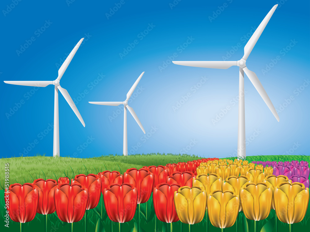 Wind turbine on tulip field
