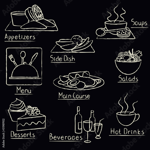 Hand drawn restaurant menu elements on blackboard