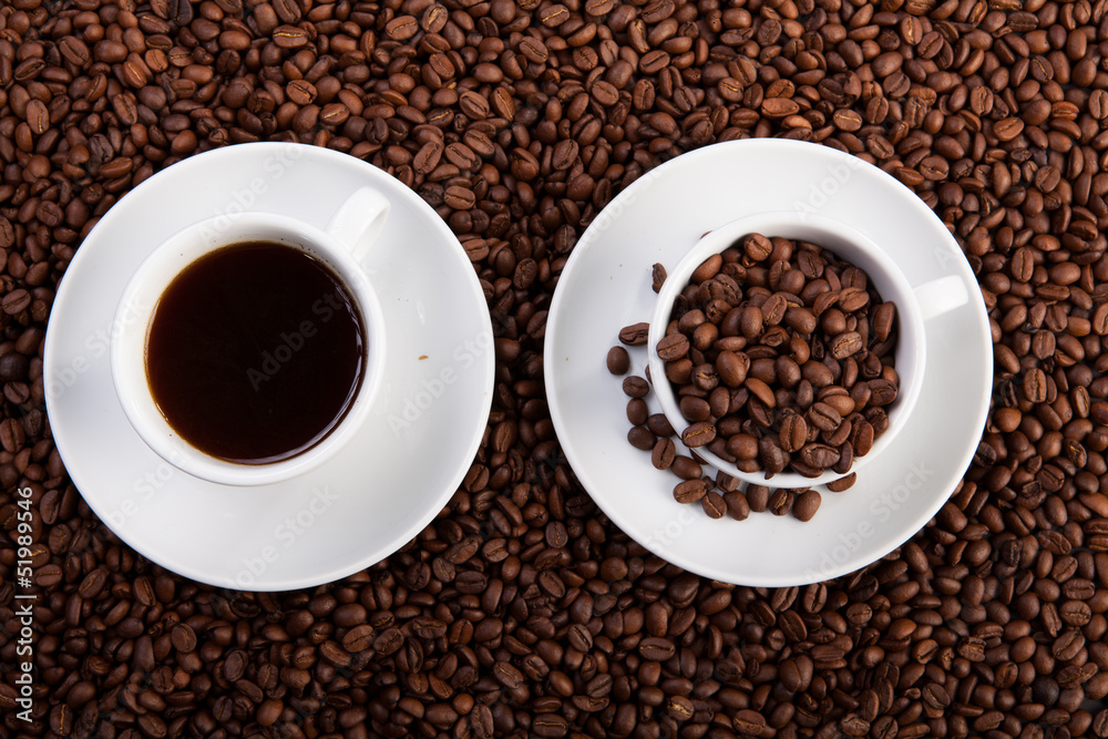 cup of coffee and cup with coffee beans cup of coffee and cup with coffee beans