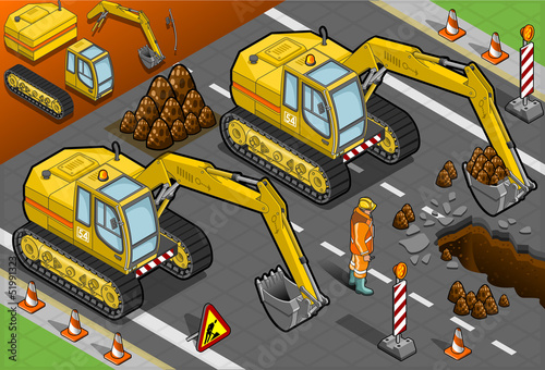 isometric yellow excavator in front view