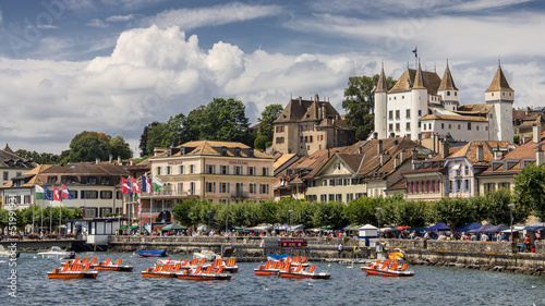 Nyon panorama with pedal boats in Lake Geneva photo