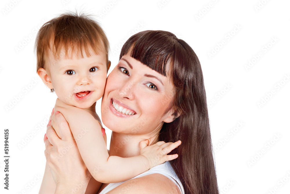 Mother and daughter hugging, isolated on white Mother and daughter hugging, isolated on white