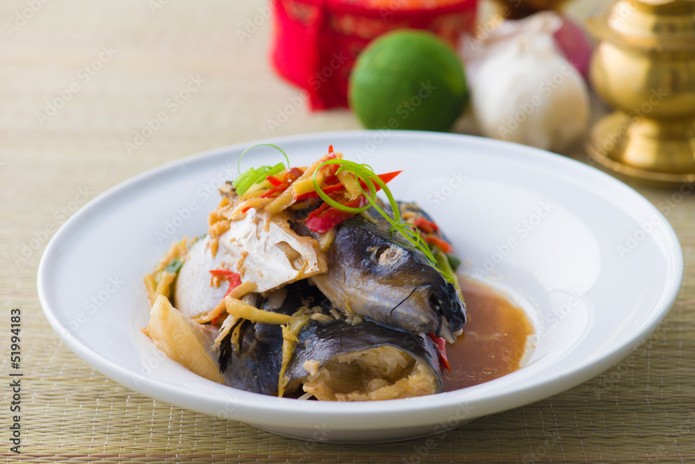 steam fish head soy sauce, patin silver catfish steamed with chi steam fish head soy sauce, patin silver catfish steamed with chi