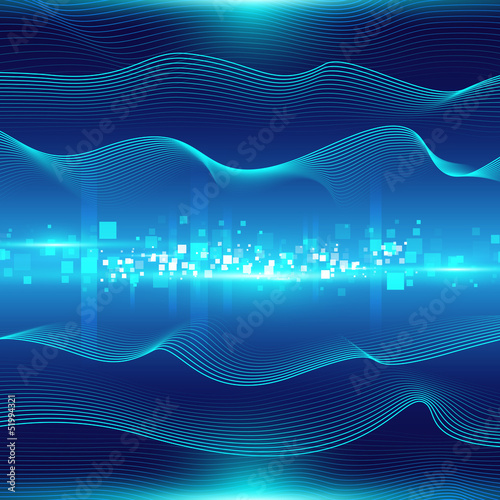 Blue abstract background with waves and particles