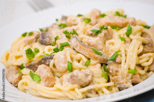 Spaghetti with meat and mushrooms in a creamy sauce