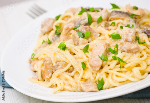 Spaghetti with meat and mushrooms in a creamy sauce
