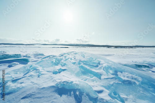 Ice of Baikal lake in Siberia photo
