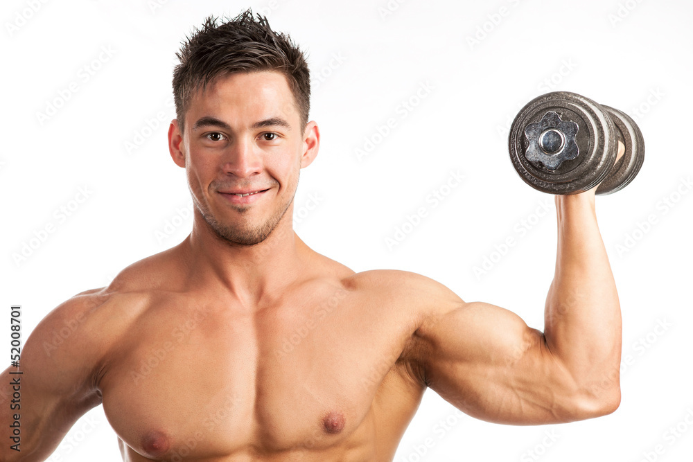 Muscular young man lifting a dumbbell over white Muscular young man lifting a dumbbell over white