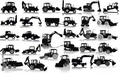 Set of 28 silhouettes of a tractors of road service