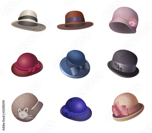 Set of women's hats on white background