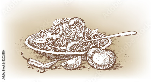 Italian pasta with tomato drawn by hand
