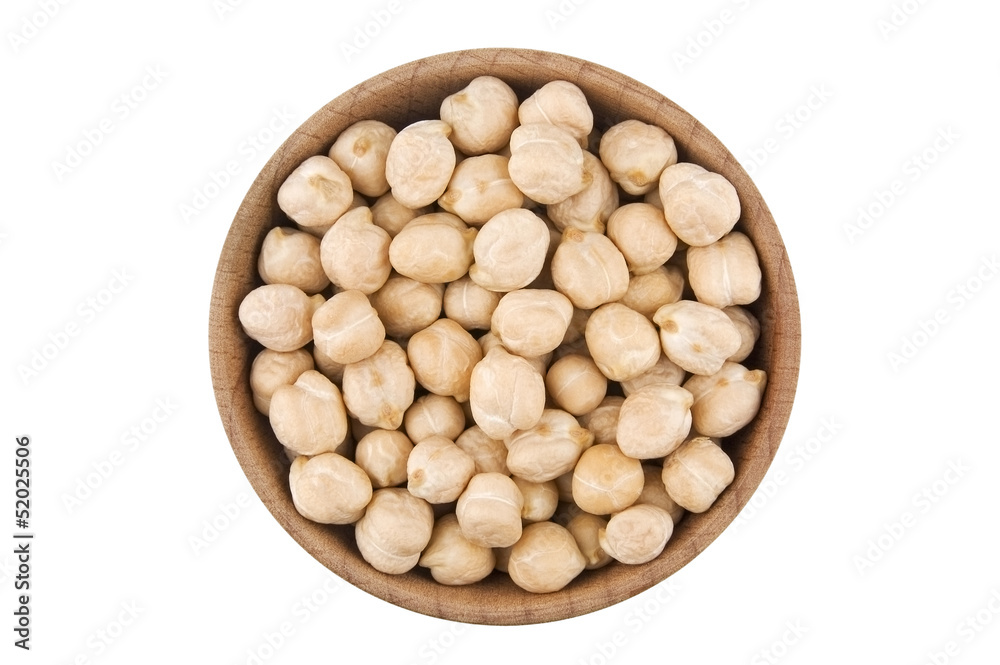 Chick peas in wooden bowl isolated on white Chick peas in wooden bowl isolated on white