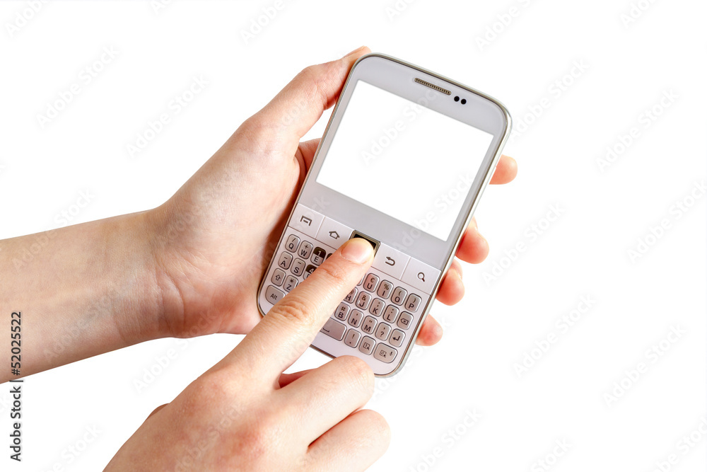 Hands holding white smart phone Hands holding white smart phone