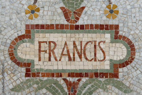 Pope Francis name in red mosaic patchwork photo