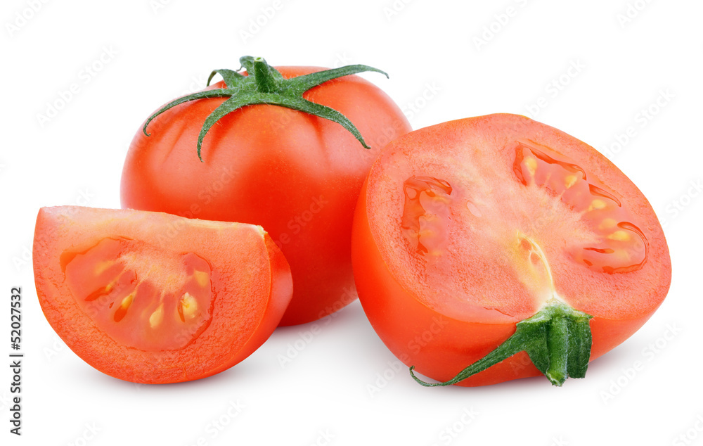 Sliced red tomato vegetable isolated on white with clipping path