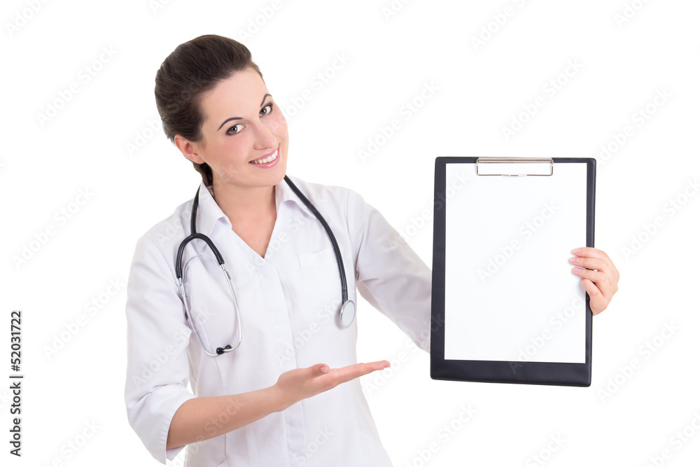 happy female doctor showing prescription isolated on white