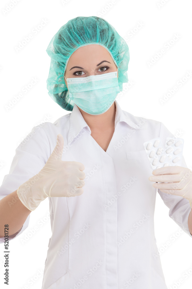 portrait of young doctor in mask with pills thumbs up portrait of young doctor in mask with pills thumbs up