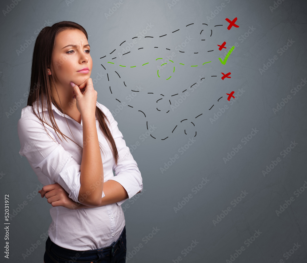 Young woman choosing between right and wrong signs