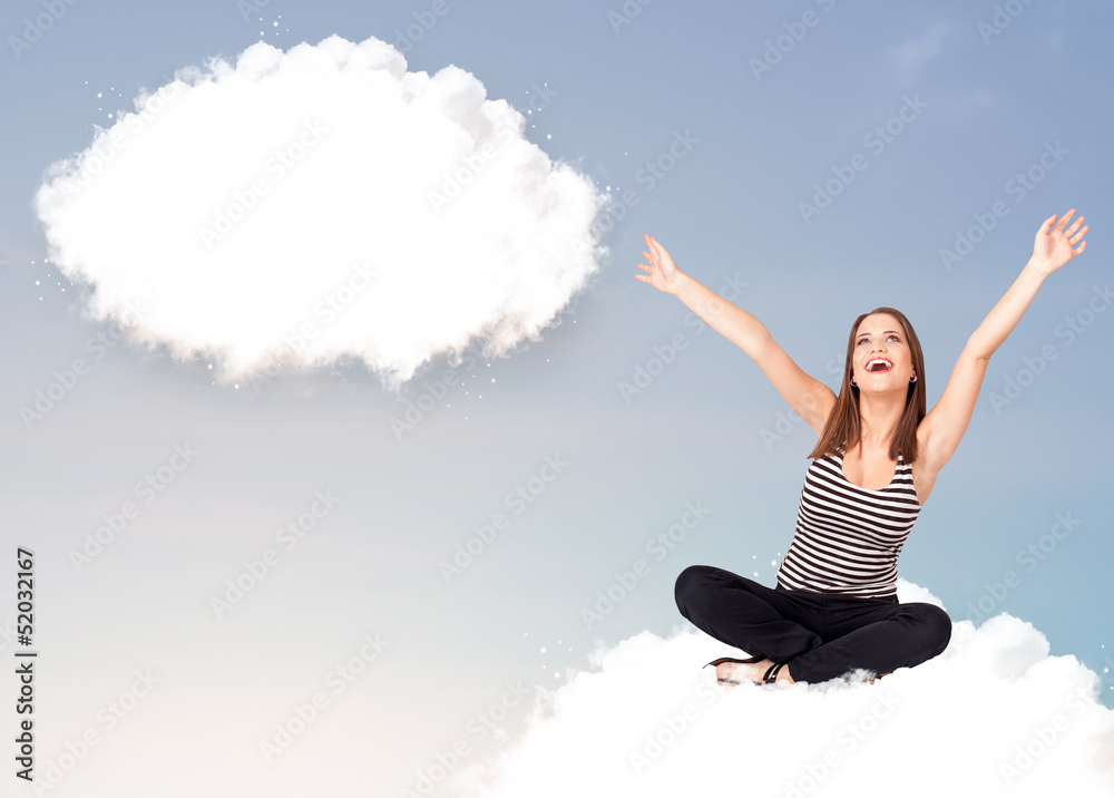 Young girl sitting on cloud and thinking of abstract speech bubb Young girl sitting on cloud and thinking of abstract speech bubb