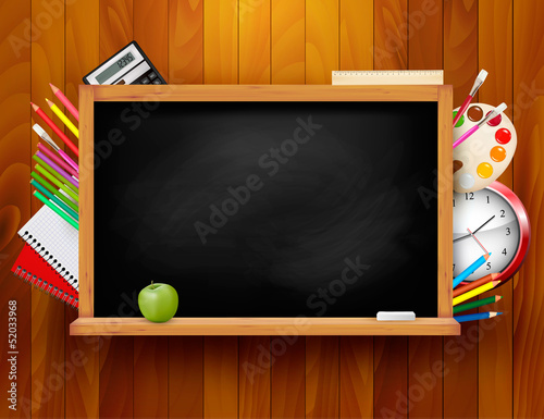 Blackboard with school supplies on wooden background. Vector