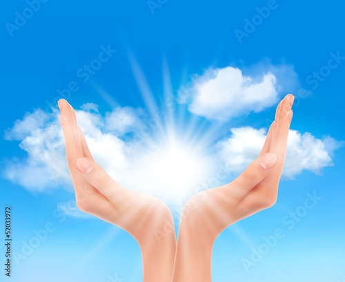 Hands with a bright sun. Vector.
