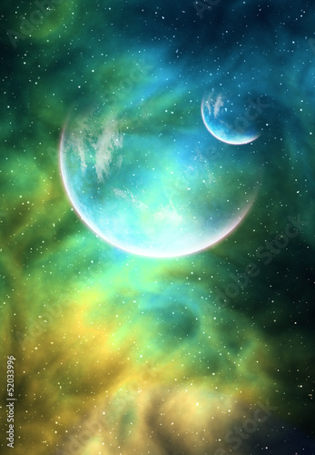 Background with a Planet, Moon and Nebula #52033996