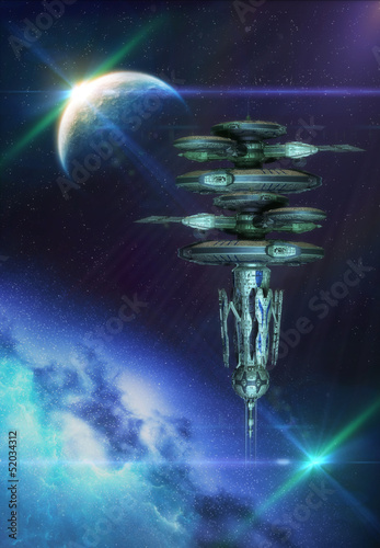 Fototapeta Naklejka Na Ścianę i Meble -  Background with a Planet, Moon, Nebula and Spacestation