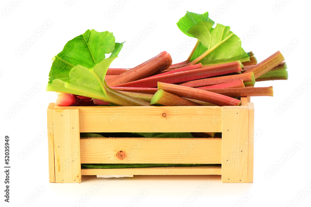 Fresh rhubarb in wooden crate Fresh rhubarb in wooden crate