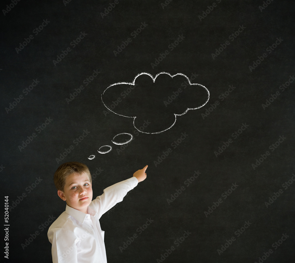 Pointing boy dressed as man with thought chalk cloud